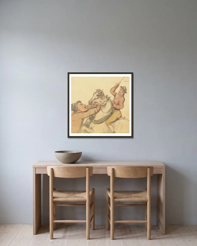 Boskapshandlare med ett par stegrande hästar av Thomas Rowlandson inramad på en vägg