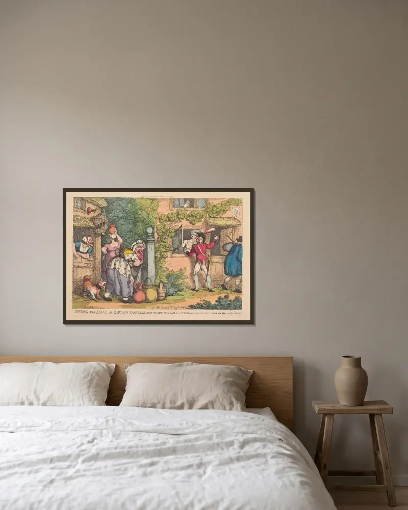 Döende för kärleken, eller kapten Careless skjuten av en femtonårig flicka som oväntat stack ut huvudet genom ett fönster av Thomas Rowlandson inramad på en vägg