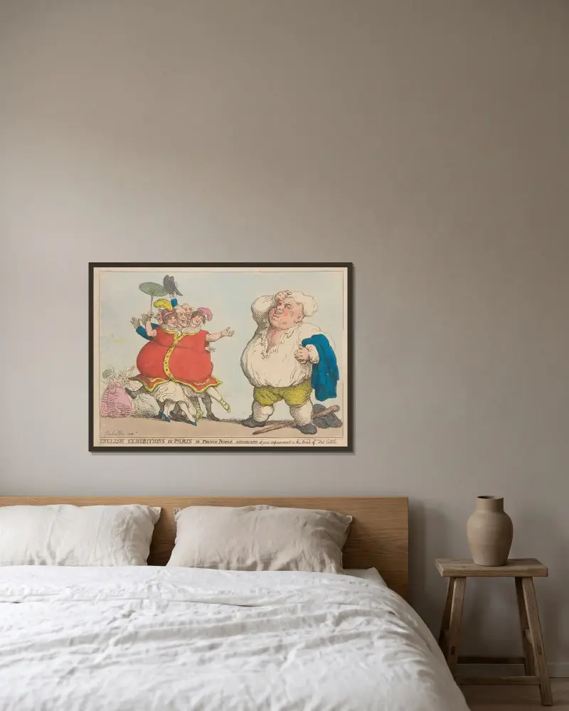 Englische Ausstellungen in Paris, oder Franzosen, erstaunt über unsere Fortschritte in der Zucht von Mastvieh von Thomas Rowlandson gerahmt an einer Wand