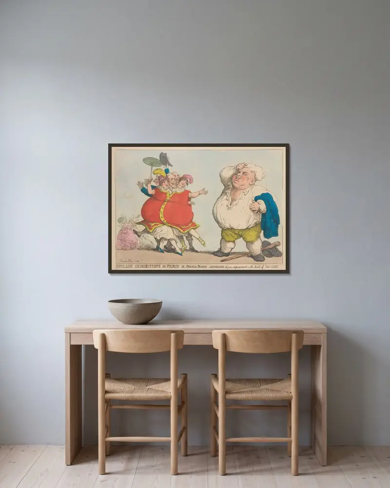 Englische Ausstellungen in Paris, oder Franzosen, erstaunt über unsere Fortschritte in der Zucht von Mastvieh von Thomas Rowlandson gerahmt an einer Wand