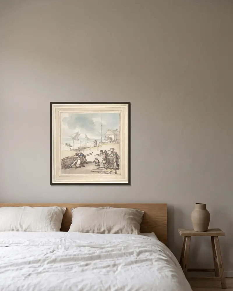 Figuren am Meeresufer von Thomas Rowlandson gerahmt an einer Wand