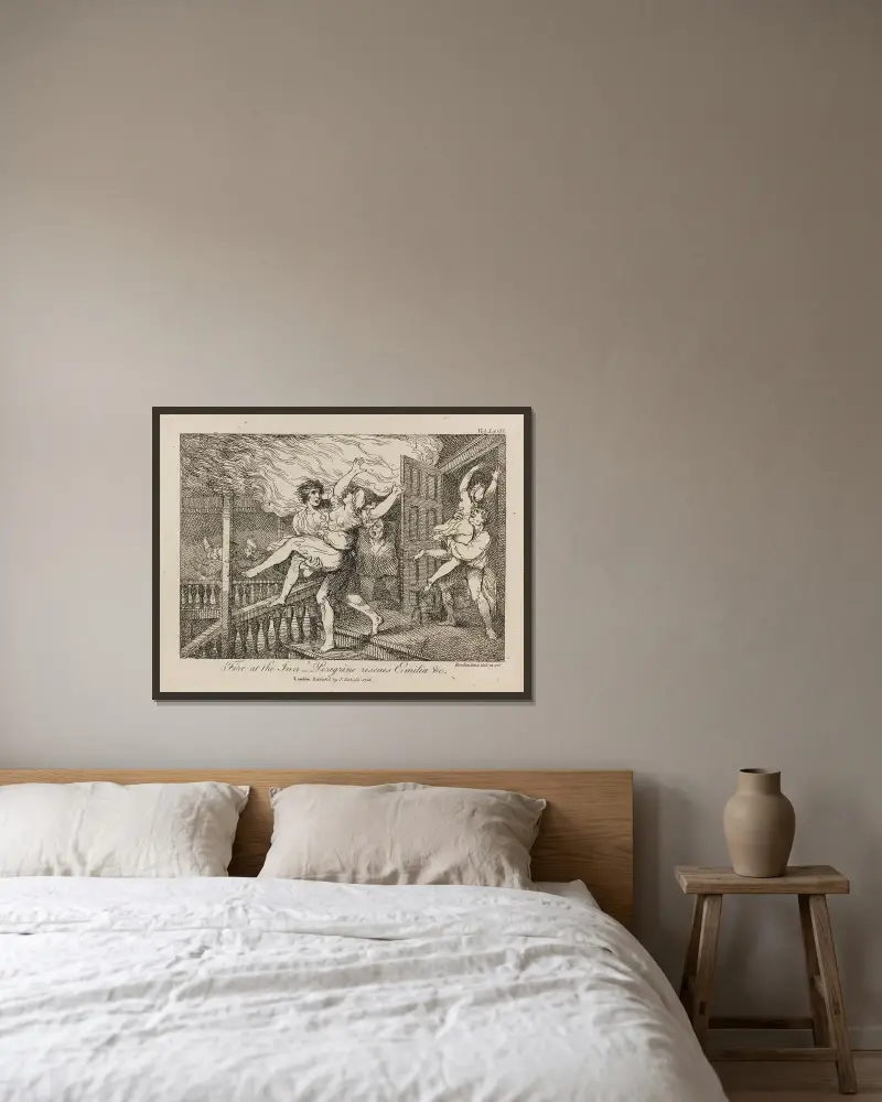Brand på värdshuset — Perigrine räddar Emilia m.fl. av Thomas Rowlandson inramad på en vägg