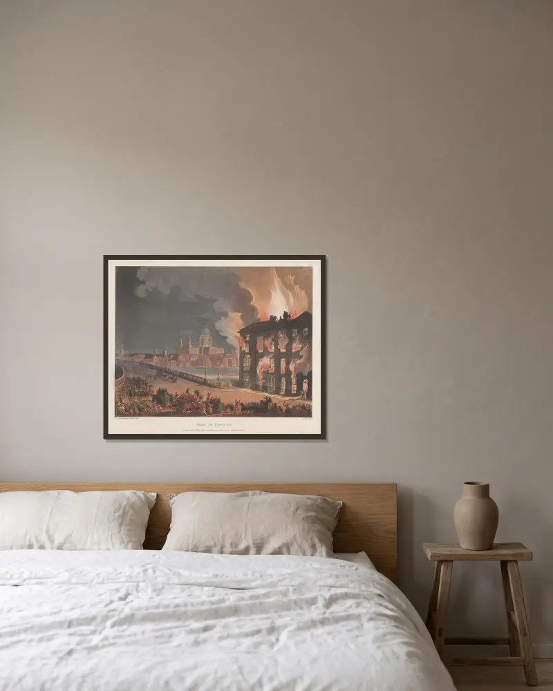 Brand i London av Thomas Rowlandson inramad på en vägg