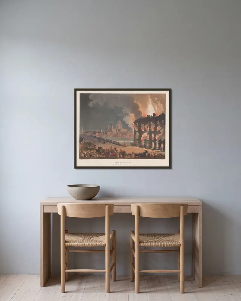 Brand i London av Thomas Rowlandson inramad på en vägg
