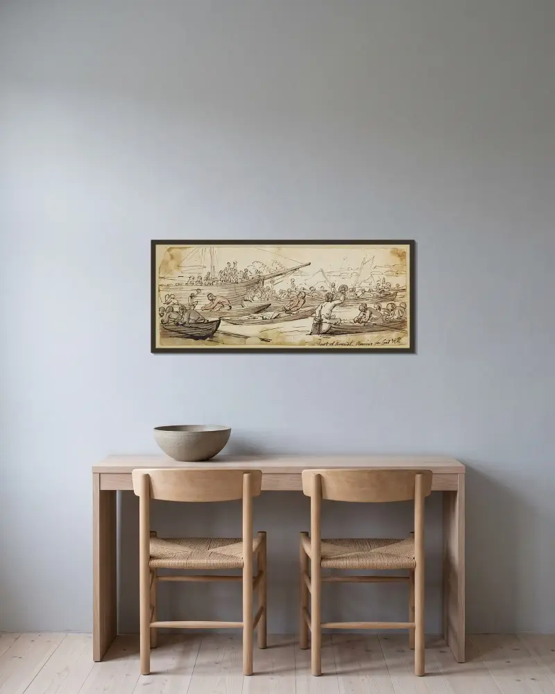 Första augusti, rodd för kappa och knäbyxor av Thomas Rowlandson inramad på en vägg