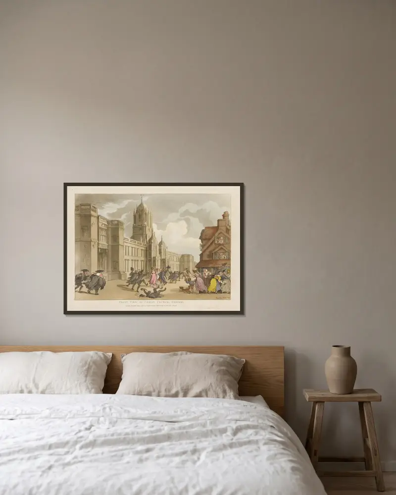 Framsidan av Christ Church, Oxford av Thomas Rowlandson inramad på en vägg