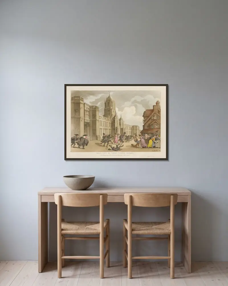 Framsidan av Christ Church, Oxford av Thomas Rowlandson inramad på en vägg