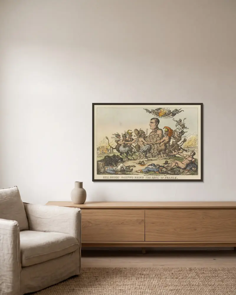 Helveteshundarna samlas kring Frankrikes avgudabild av Thomas Rowlandson inramad på en vägg