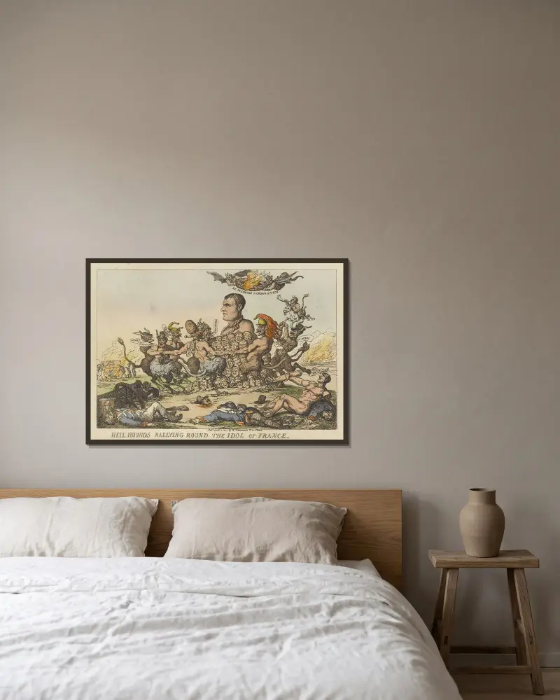 Helveteshundarna samlas kring Frankrikes avgudabild av Thomas Rowlandson inramad på en vägg