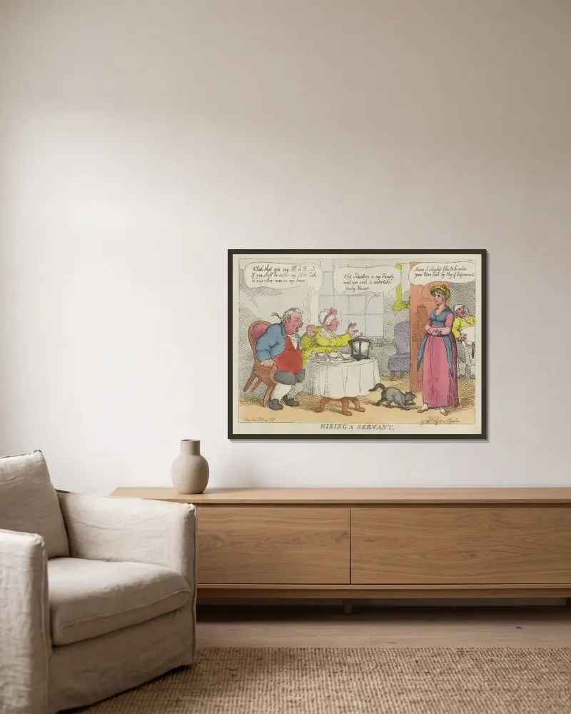 Att anställa en tjänare av Thomas Rowlandson inramad på en vägg