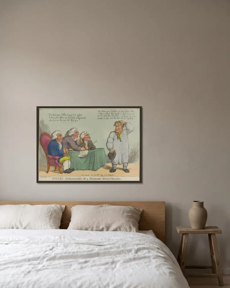 Hodges förklaring av hundra fredsdomare av Thomas Rowlandson inramad på en vägg