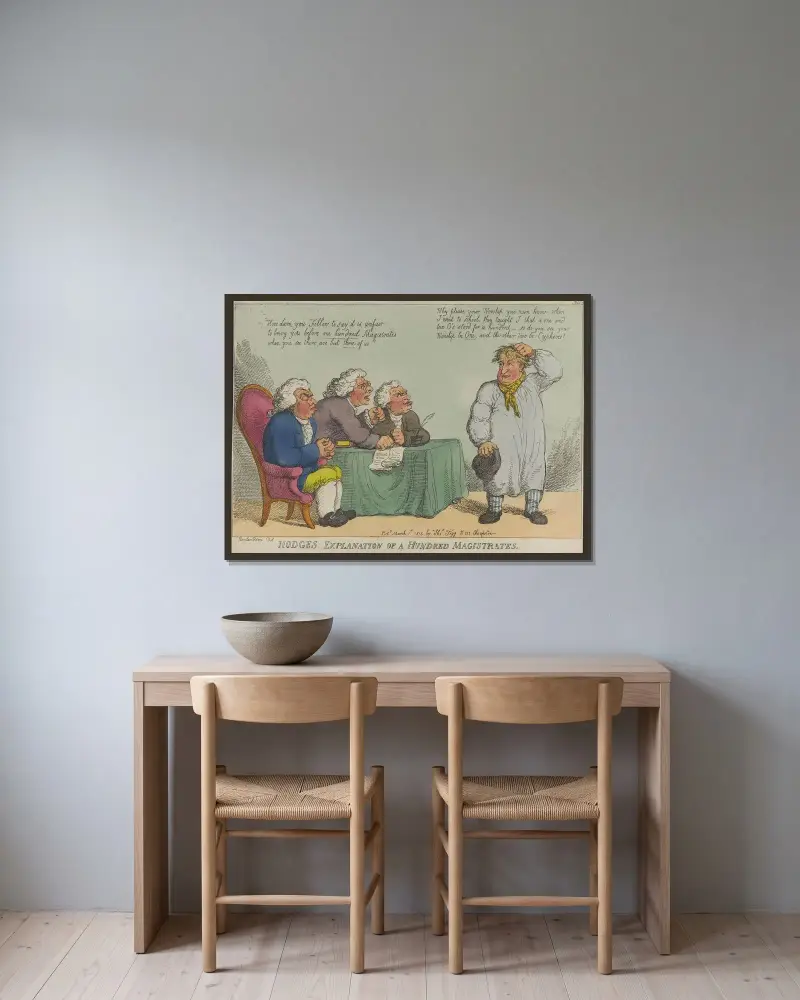 Hodges förklaring av hundra fredsdomare av Thomas Rowlandson inramad på en vägg