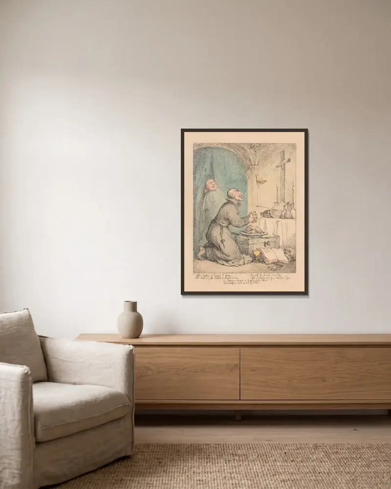 Helig munk av Thomas Rowlandson inramad på en vägg