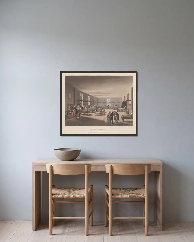 Hospital, Middlesex av Thomas Rowlandson inramad på en vägg
