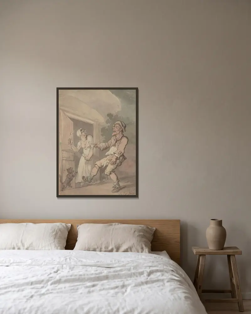 In I go Jones av Thomas Rowlandson inramad på en vägg