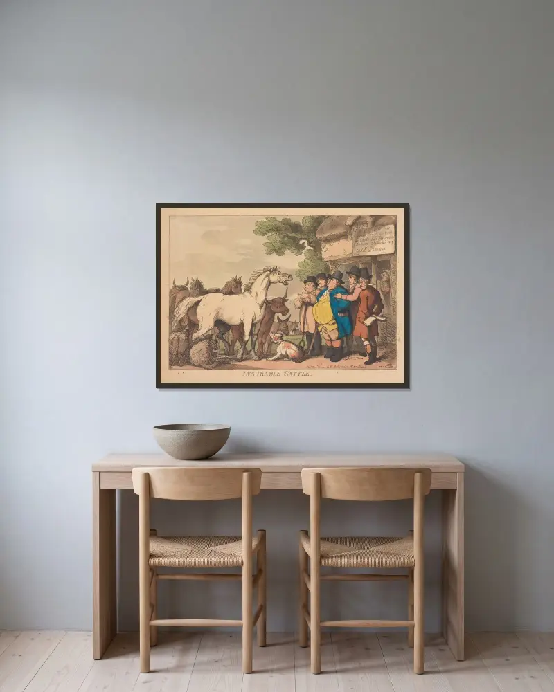 Insurable cattle von Thomas Rowlandson gerahmt an einer Wand