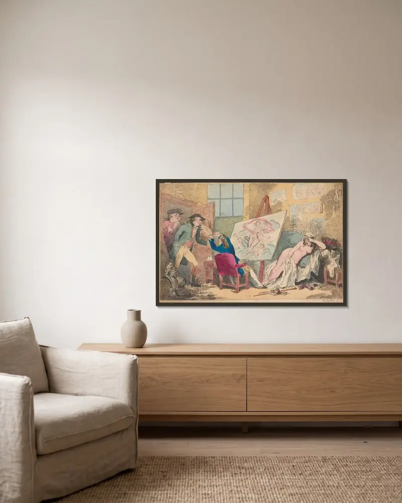 Intrång i studion eller den störde konstnären av Thomas Rowlandson inramad på en vägg