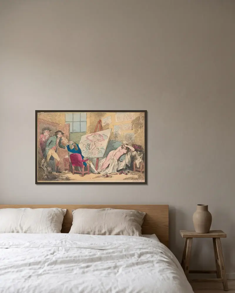 Intrång i studion eller den störde konstnären av Thomas Rowlandson inramad på en vägg