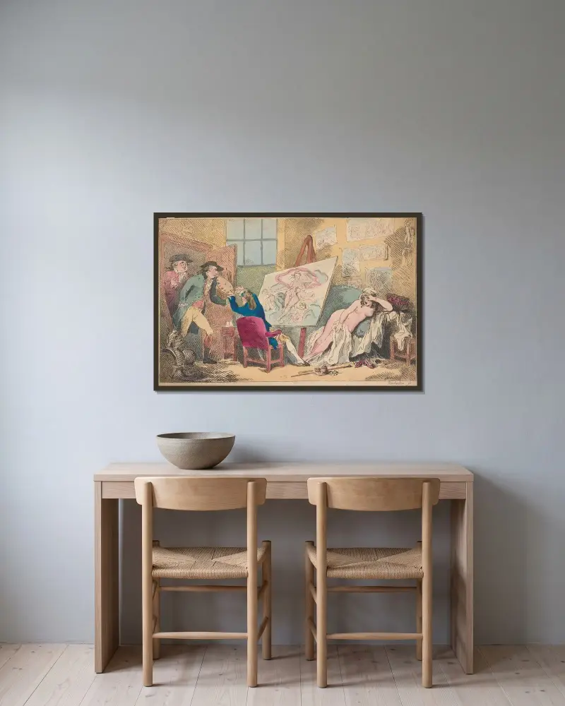 Intrång i studion eller den störde konstnären av Thomas Rowlandson inramad på en vägg