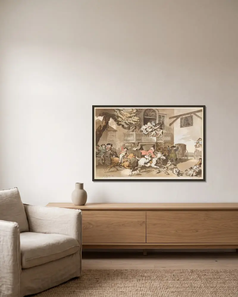 John Gilpin’s return to London av Thomas Rowlandson inramad på en vägg