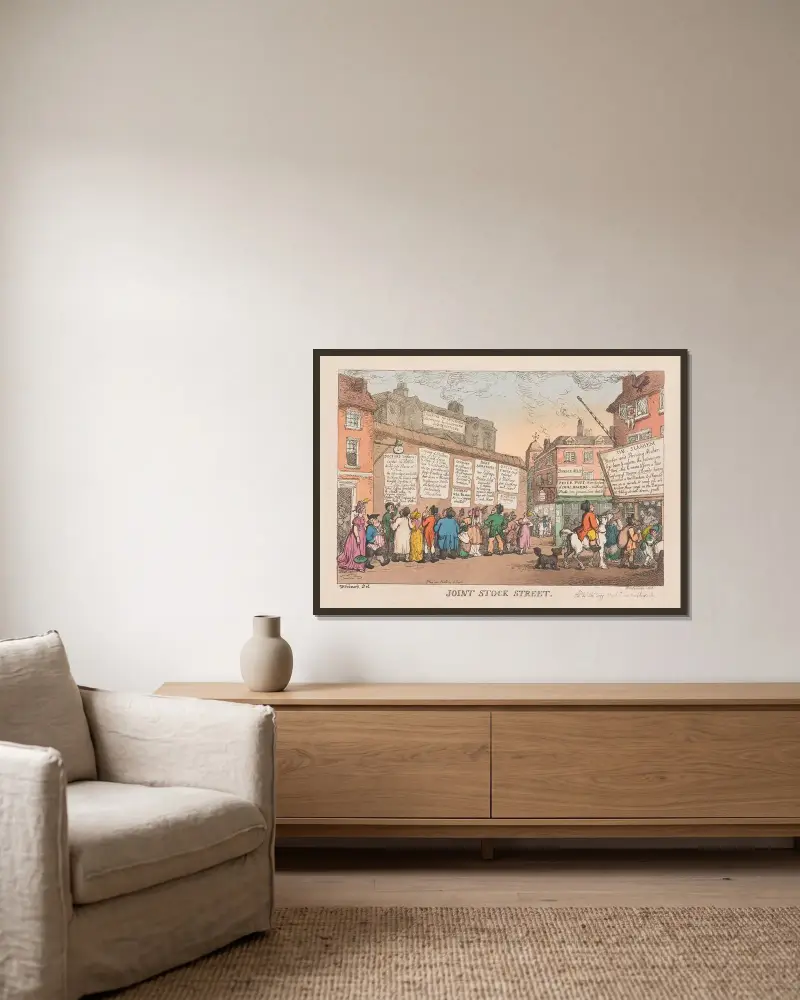 Joint stock street av Thomas Rowlandson inramad på en vägg