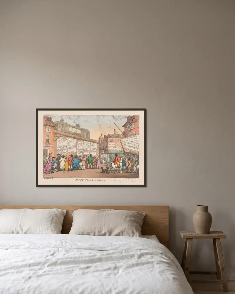 Joint stock street av Thomas Rowlandson inramad på en vägg