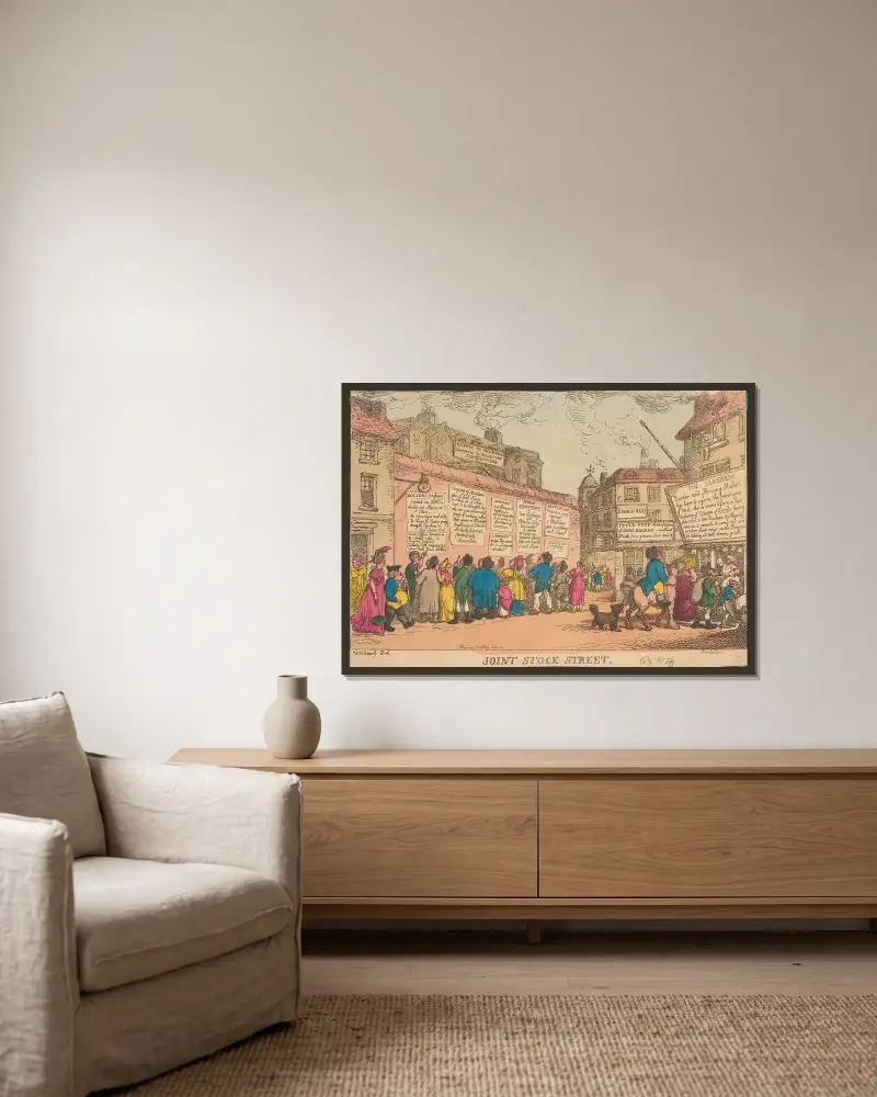 Joint stock street av Thomas Rowlandson inramad på en vägg