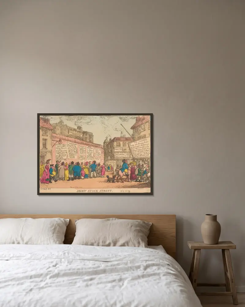 Joint stock street av Thomas Rowlandson inramad på en vägg