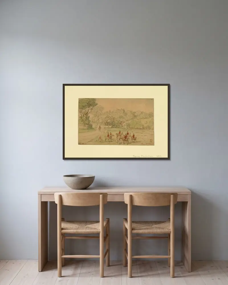 Landskap med jaktseen av Thomas Rowlandson inramad på en vägg