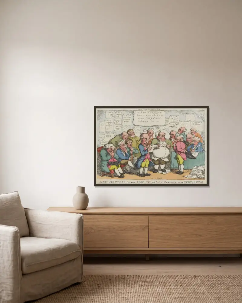 Libelldjägare på utkik, eller dagliga granskare av pressfriheten av Thomas Rowlandson inramad på en vägg