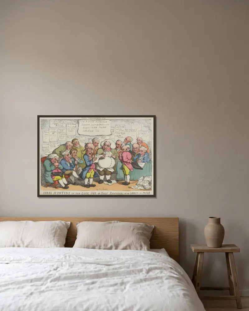 Libelldjägare på utkik, eller dagliga granskare av pressfriheten av Thomas Rowlandson inramad på en vägg