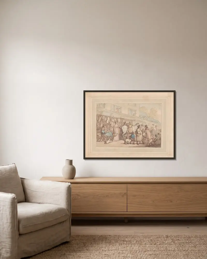 Markttag von Thomas Rowlandson gerahmt an einer Wand