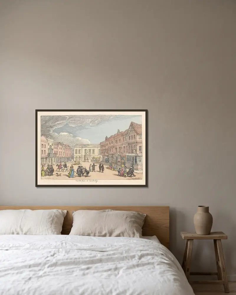 Marknadsplatsen i Cambridge av Thomas Rowlandson inramad på en vägg