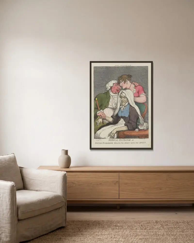 Läkarbud eller doktor Dubbeldos dödar två fåglar med en sten av Thomas Rowlandson inramad på en vägg