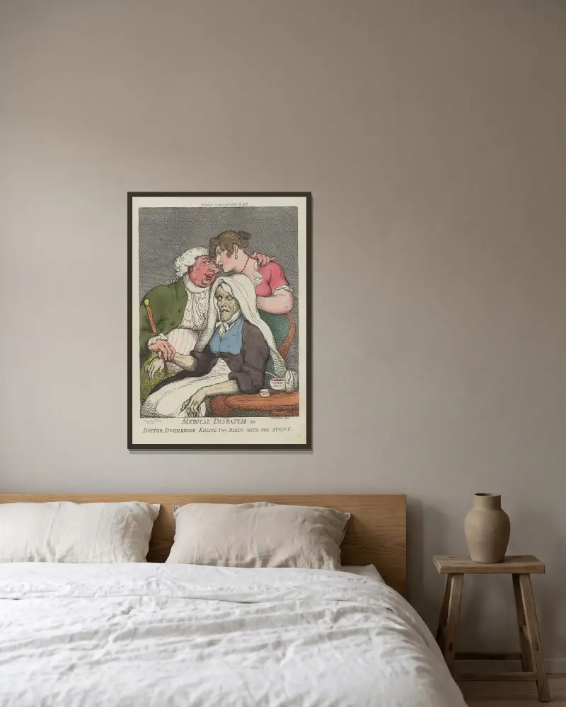 Läkarbud eller doktor Dubbeldos dödar två fåglar med en sten av Thomas Rowlandson inramad på en vägg