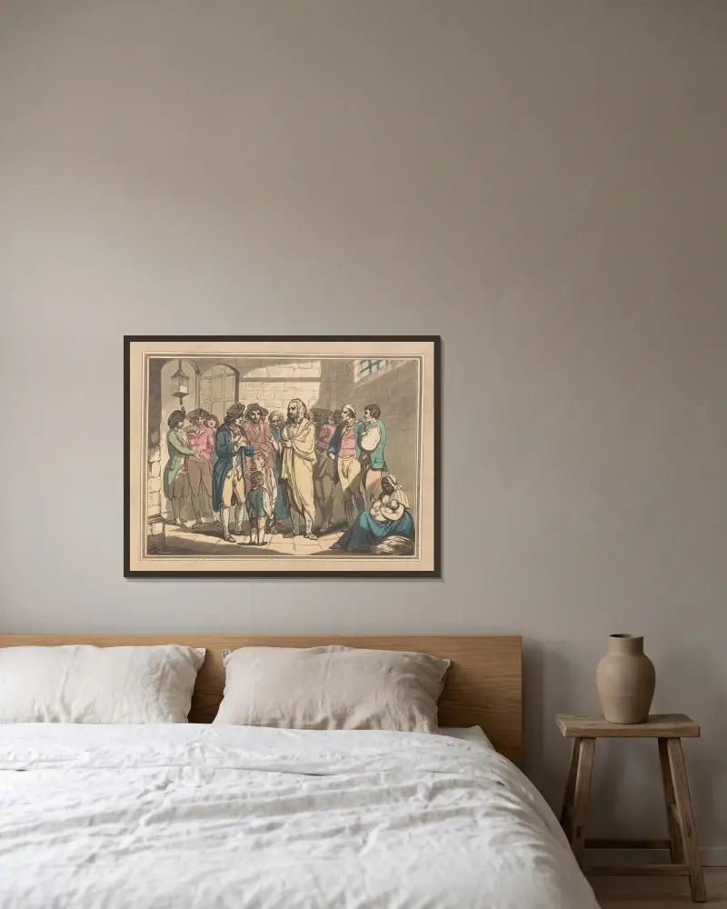 Melopoyn håller tal till fångarna i flottan av Thomas Rowlandson inramad på en vägg