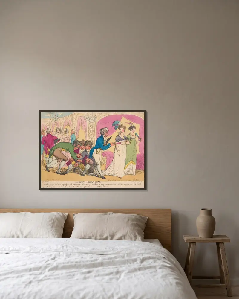 Eländet i det höga livet; att snabbt böja sig ner för att plocka upp en dams solfjäder . . . av Thomas Rowlandson inramad på en vägg