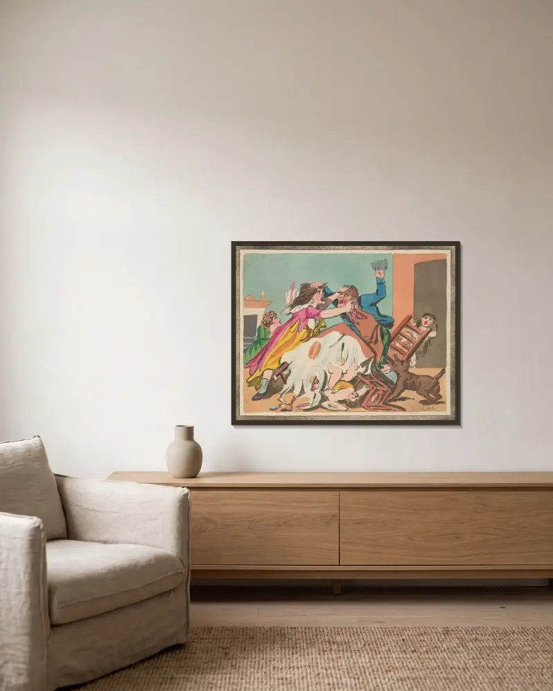 Äktenskapets elände; Bordet har vänts av Thomas Rowlandson inramad på en vägg