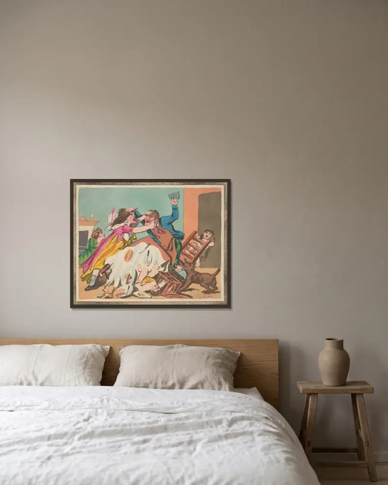 Äktenskapets elände; Bordet har vänts av Thomas Rowlandson inramad på en vägg