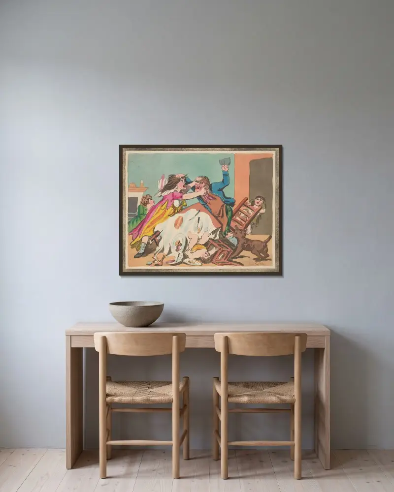Äktenskapets elände; Bordet har vänts av Thomas Rowlandson inramad på en vägg