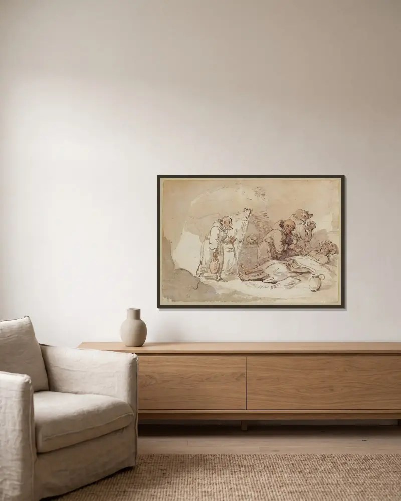 Monks and dying man av Thomas Rowlandson inramad på en vägg