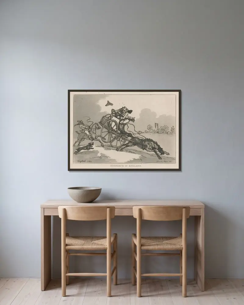 Monsieur in England av Thomas Rowlandson inramad på en vägg