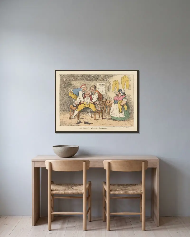 New invented elastic breeches av Thomas Rowlandson inramad på en vägg