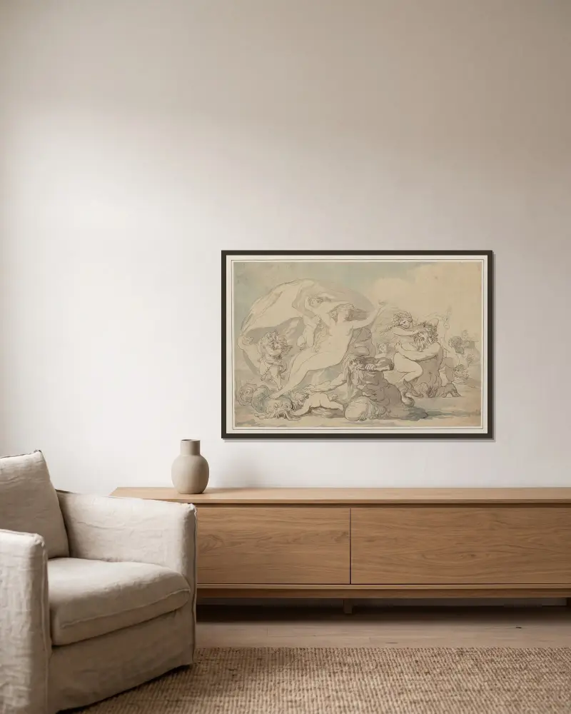 Nymfer och tritoner av Thomas Rowlandson inramad på en vägg