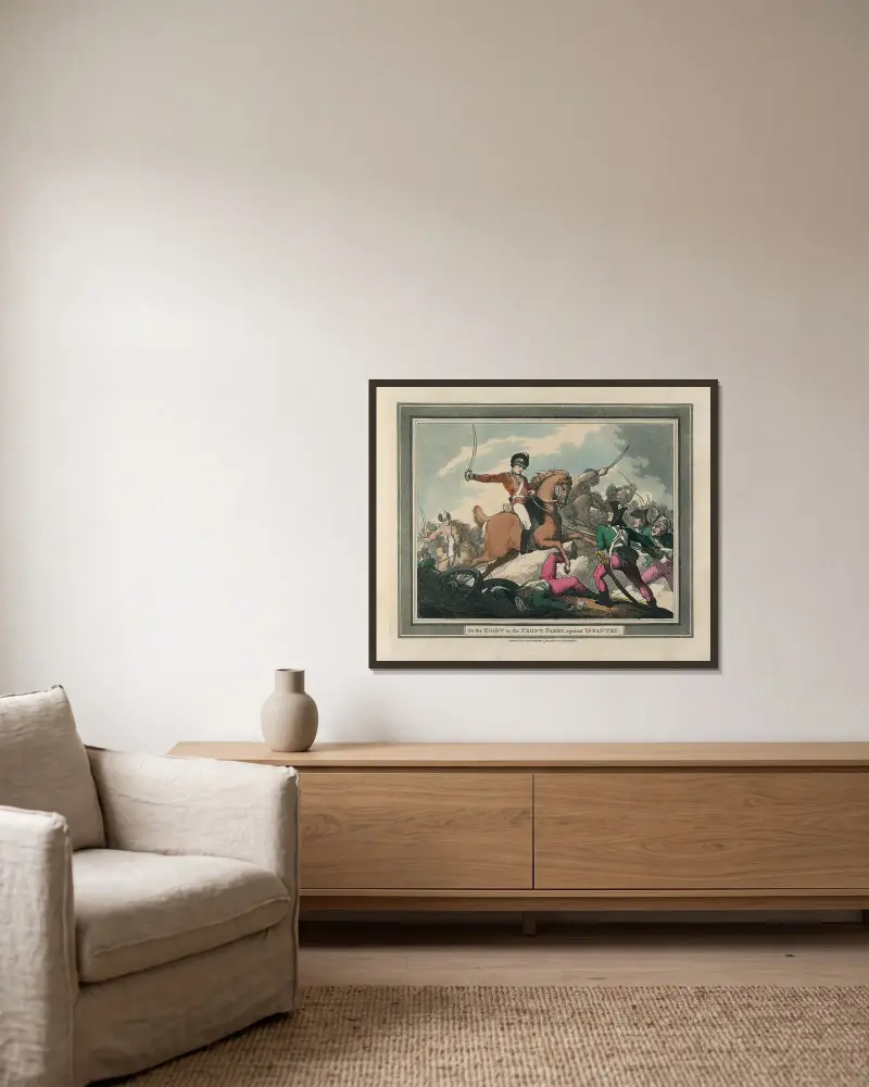 Rechts an die Front, Parry, gegen Infanterie von Thomas Rowlandson gerahmt an einer Wand
