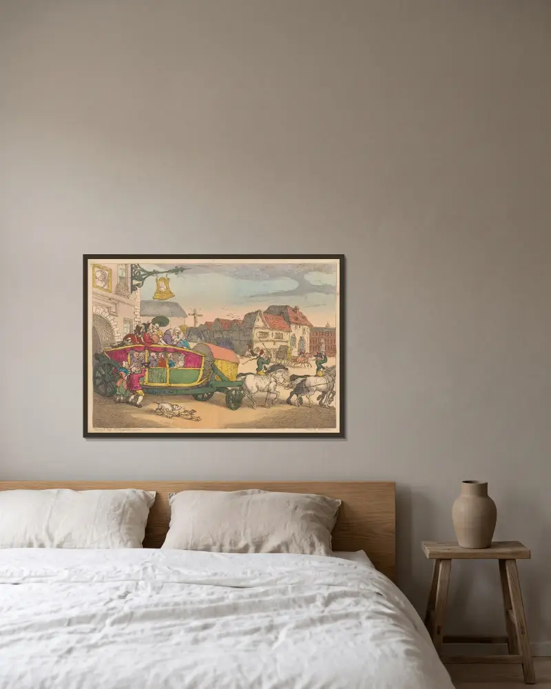 Paris Dilligence av Thomas Rowlandson inramad på en vägg
