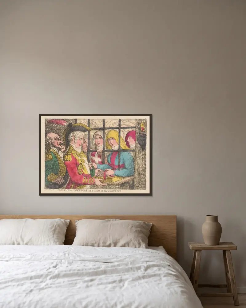 Tidsfördriv i Portugal eller ett besök i nunneklostren av Thomas Rowlandson inramad på en vägg