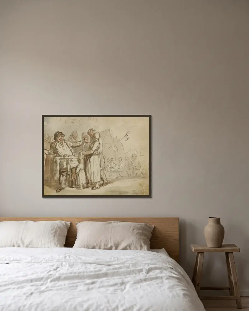 Knalle på marknad av Thomas Rowlandson inramad på en vägg