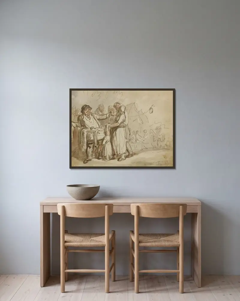 Knalle på marknad av Thomas Rowlandson inramad på en vägg