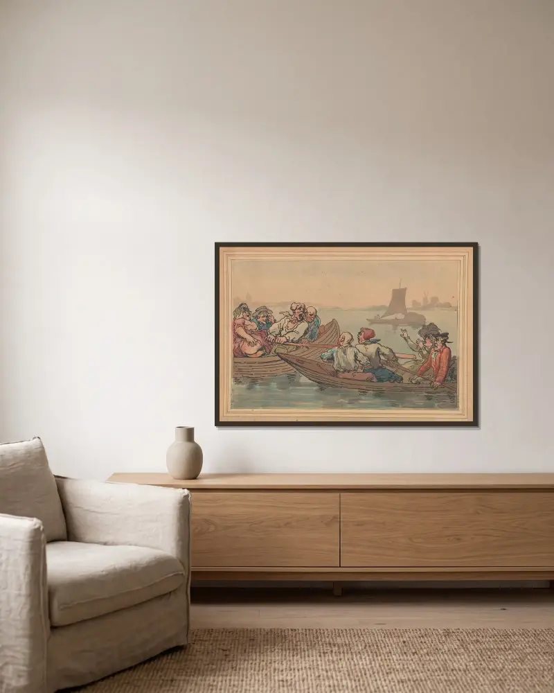 Nöjen med båtliv av Thomas Rowlandson inramad på en vägg